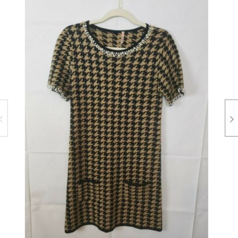 Sweewe Herringbone Bling Pearl Trim Sweater Dress